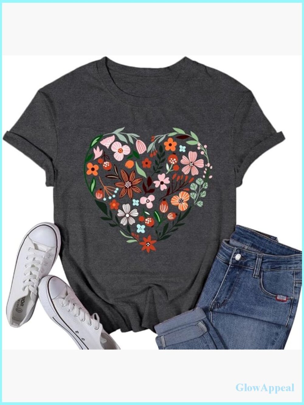 Floral Heart T-Shirt Women Short Sleeve Crewneck Tee Top